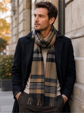 Cashmink V.FRAAS tan camel brown gray black plaid check fall winter scarf🔥